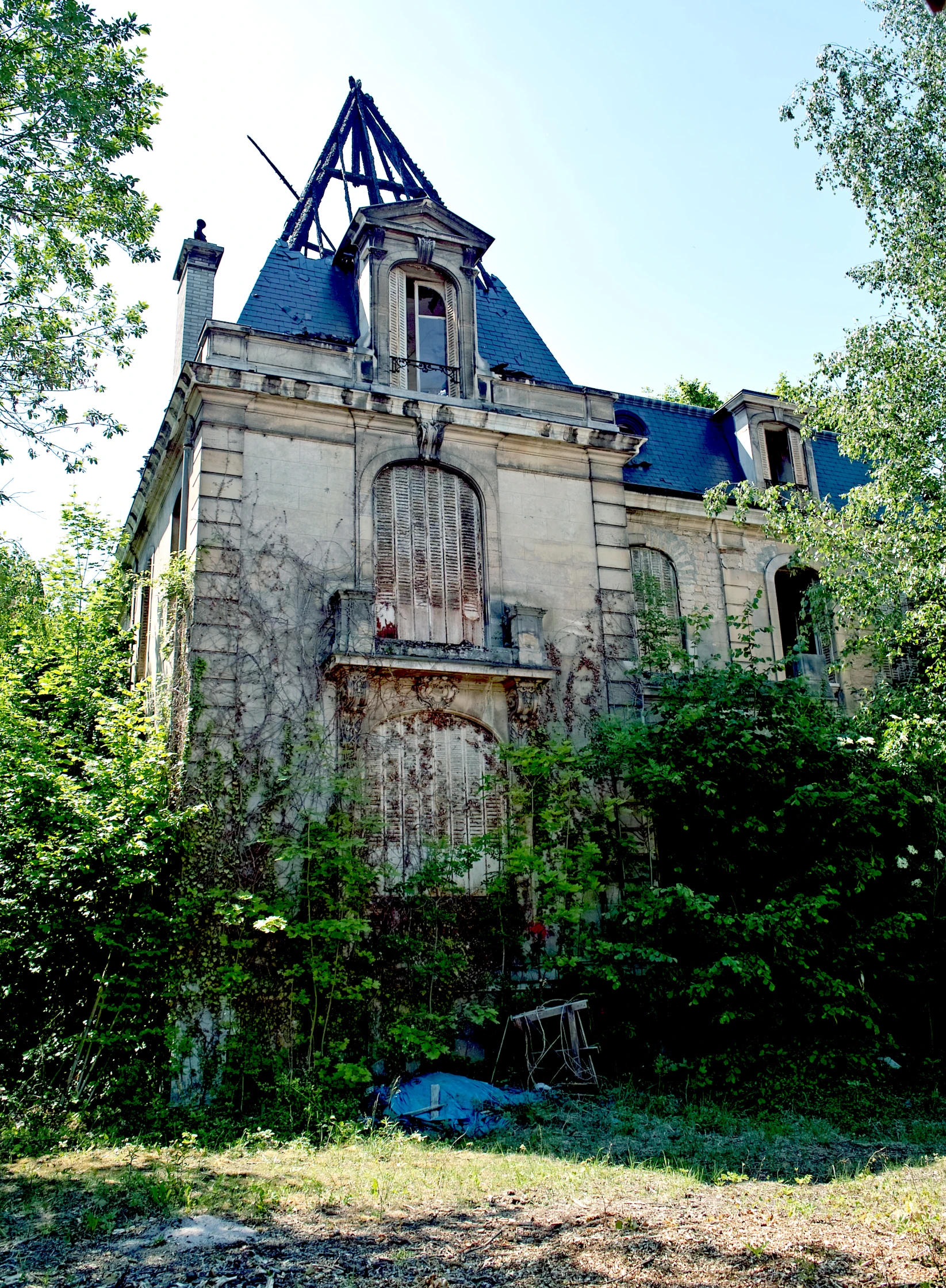 an abandoned brick house sits among the trees