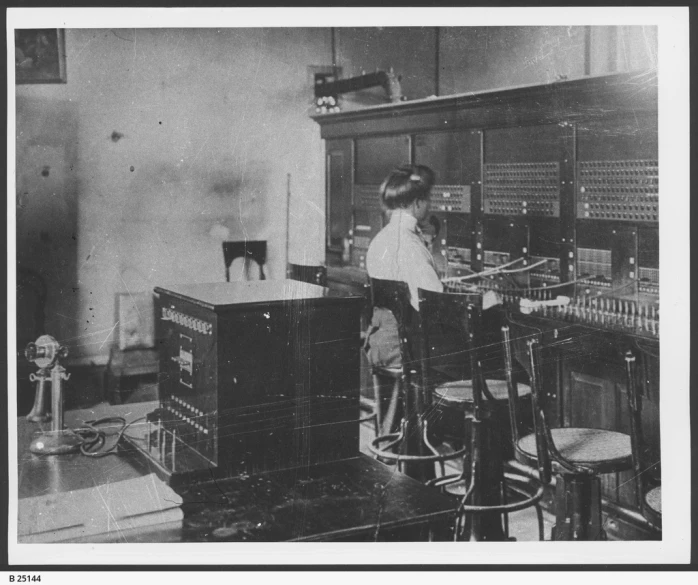 an old fashioned telephone room with two women