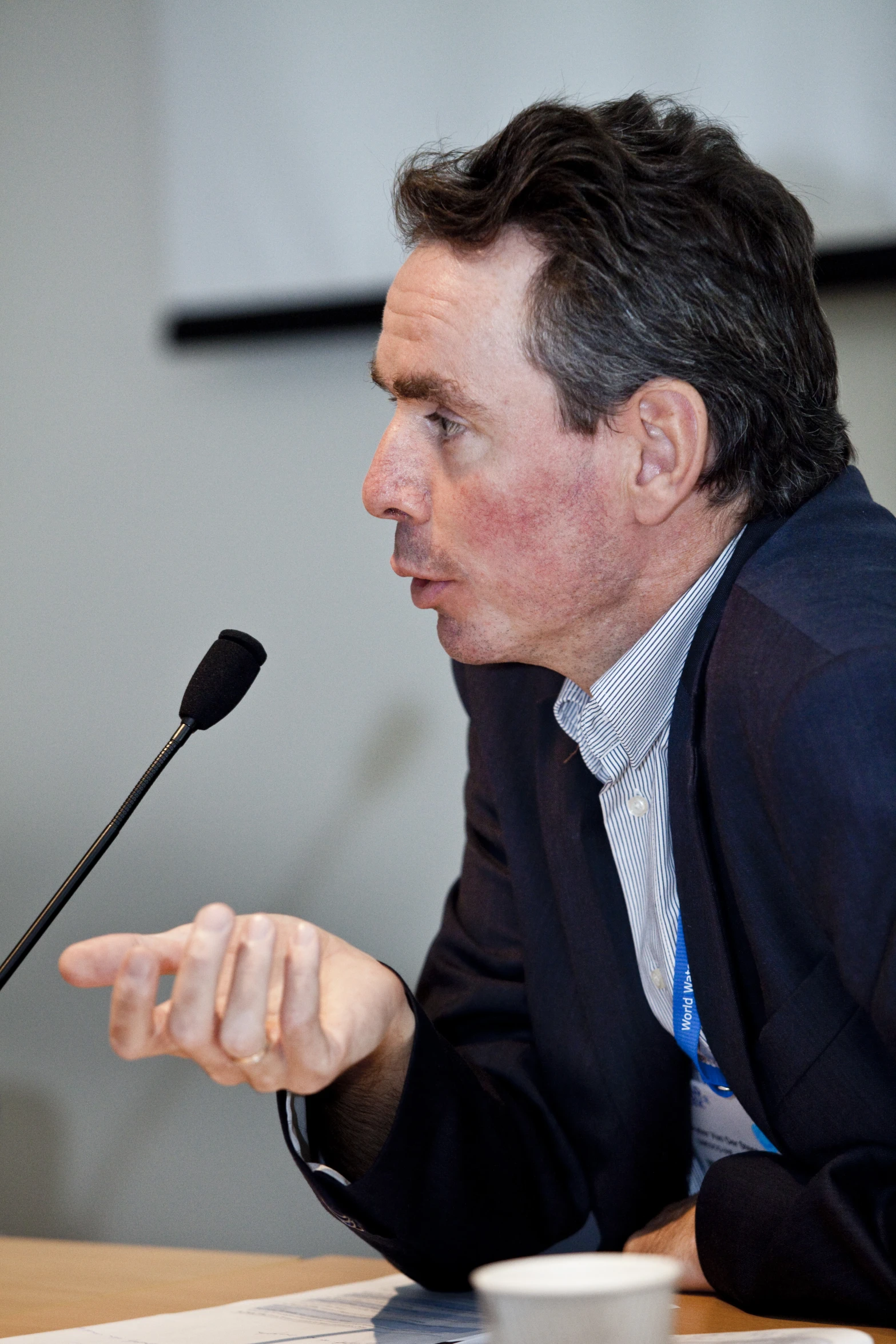 a man in a business suit is giving a speech