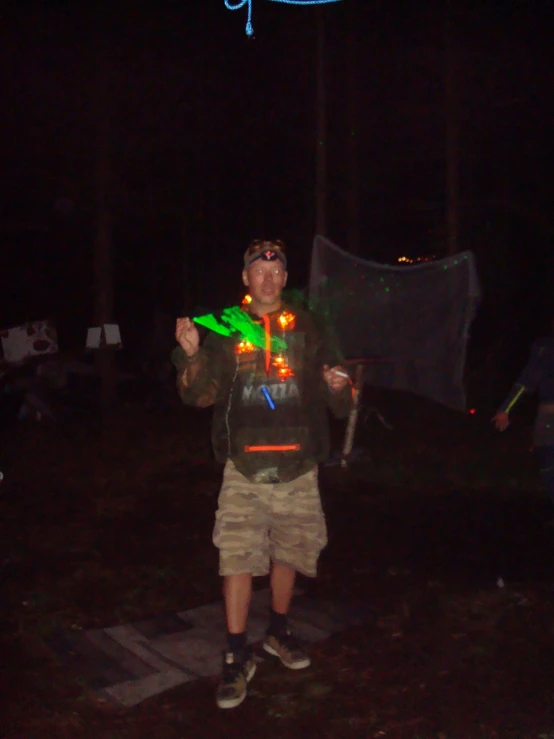 a man standing on the ground with some lights in his hands