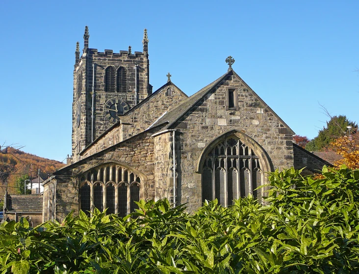 there is a tall stone church building on this street