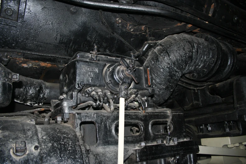 an engine in the vehicle and parts visible