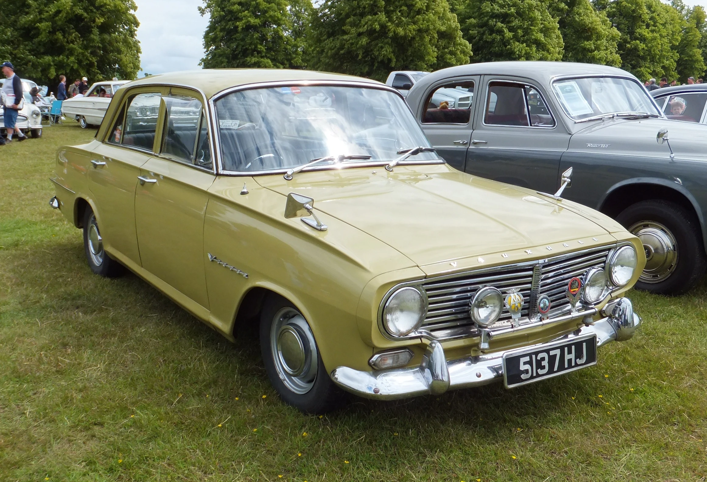 several old cars parked in the grass near trees