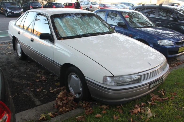 the vehicle is parked outside by the leaves