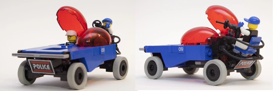 two different views of a toy truck with red and white balloons on top