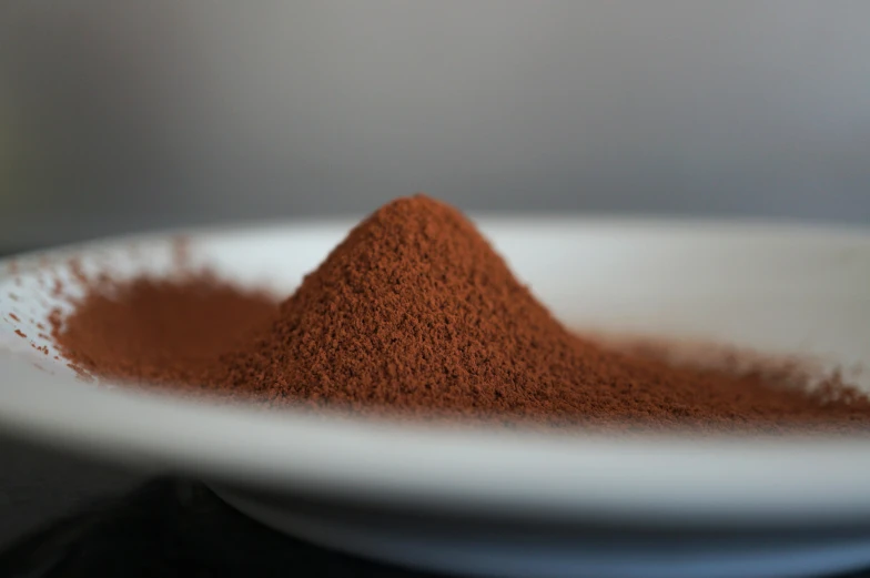 a white plate topped with a pile of chocolate powder