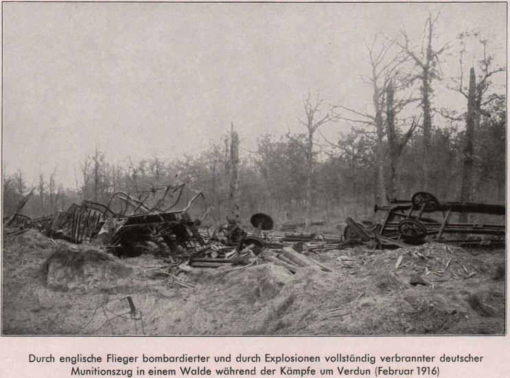 black and white image of wreckage in the woods