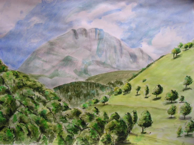 a painting of a valley surrounded by trees and mountains