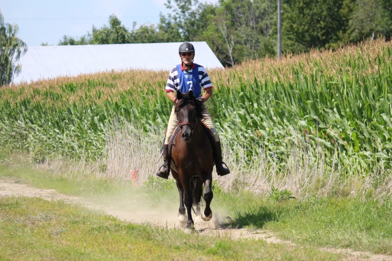 a jockey is on the back of his horse as it travels through a field