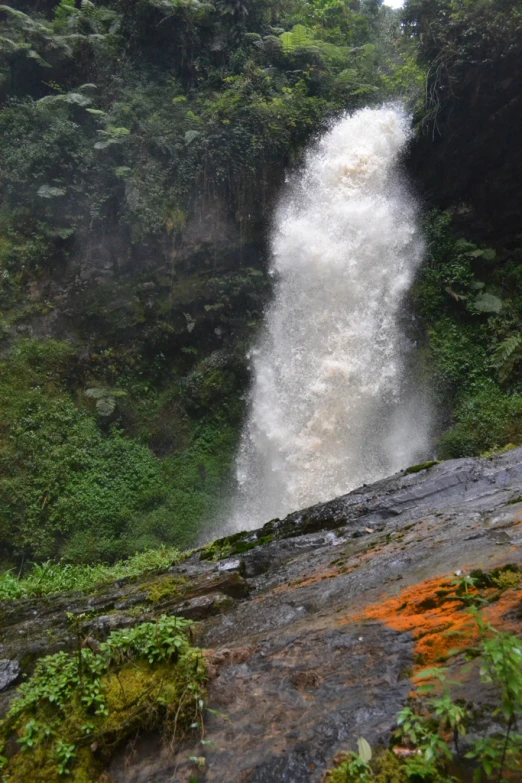 a man taking a picture of a tall waterfall