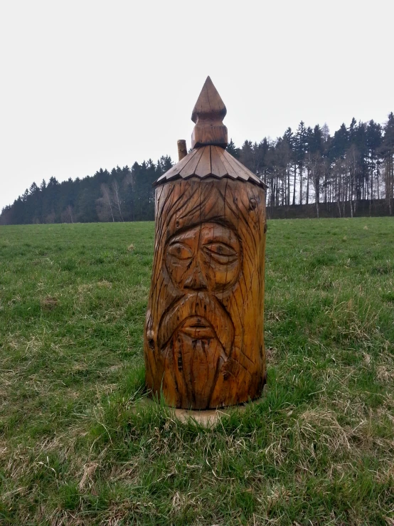 an unusual carved tree stump in the middle of a grassy field
