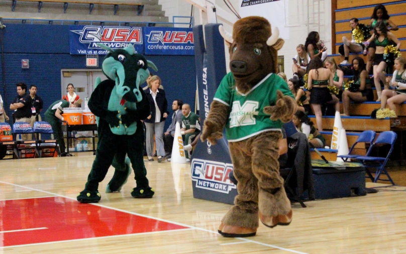 two basketball teams wearing mascot outfits in a gymnasium