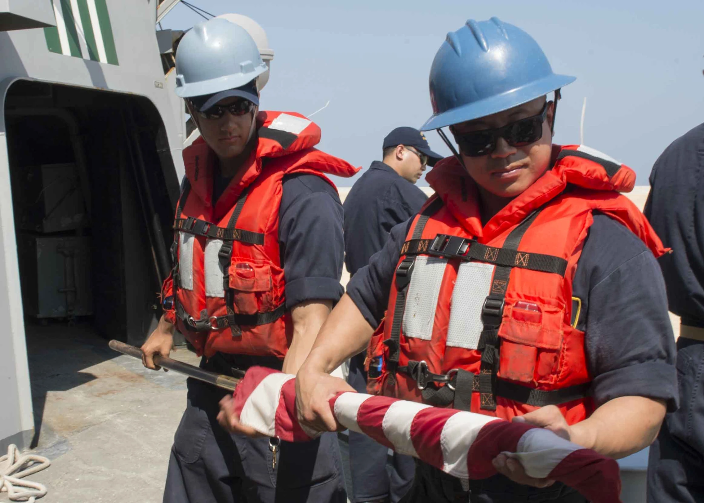 the crew is preparing to go into the boat