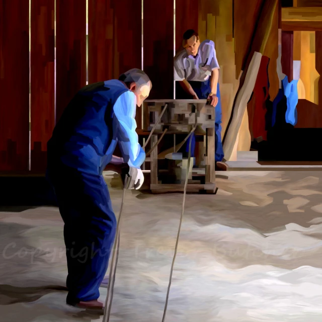 two men standing with skis in front of a stage