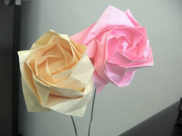 two paper roses in the middle of each other