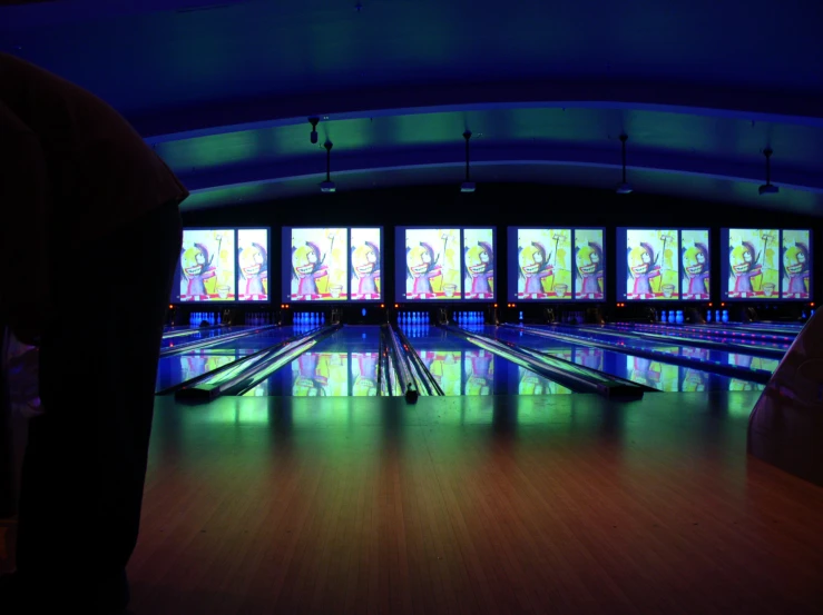 bowling alley in front of a stained glass window