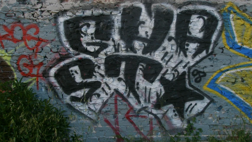 graffiti sprayed on a brick wall with spray paint and small plants growing nearby