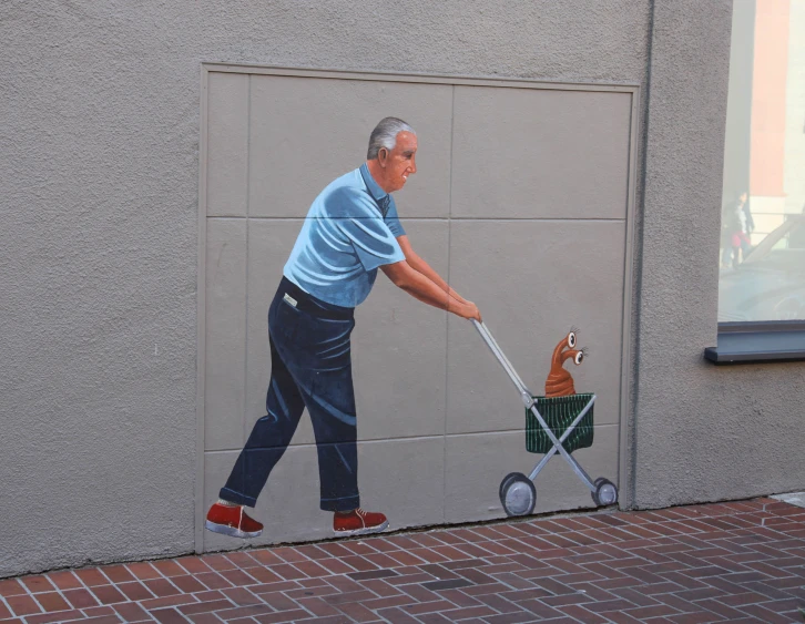 a painting of a man with a dog pulling a wagon