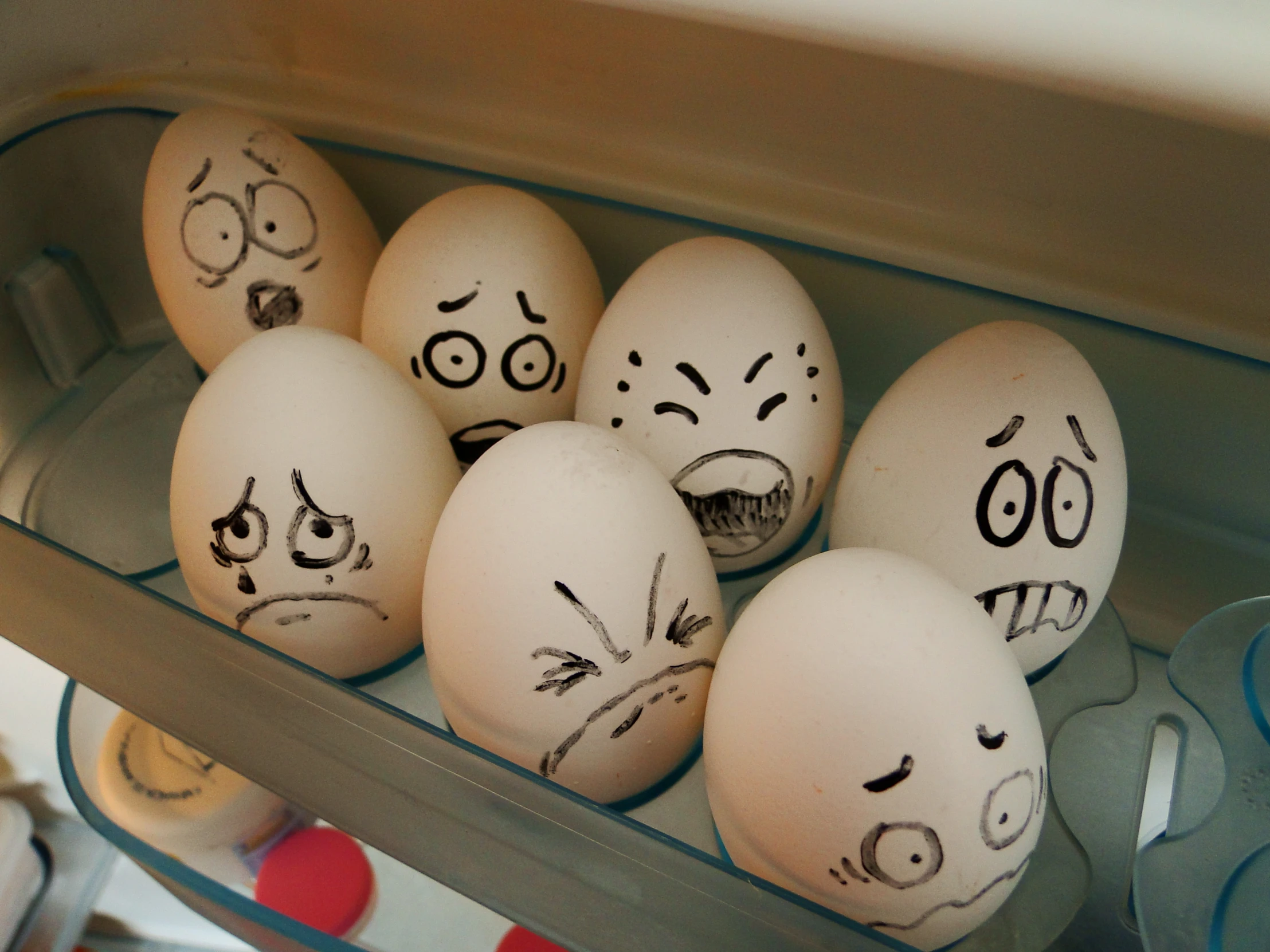 five eggs have drawn faces in a clear container