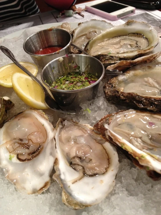 oysters and clams are served on ice with a serving spoon