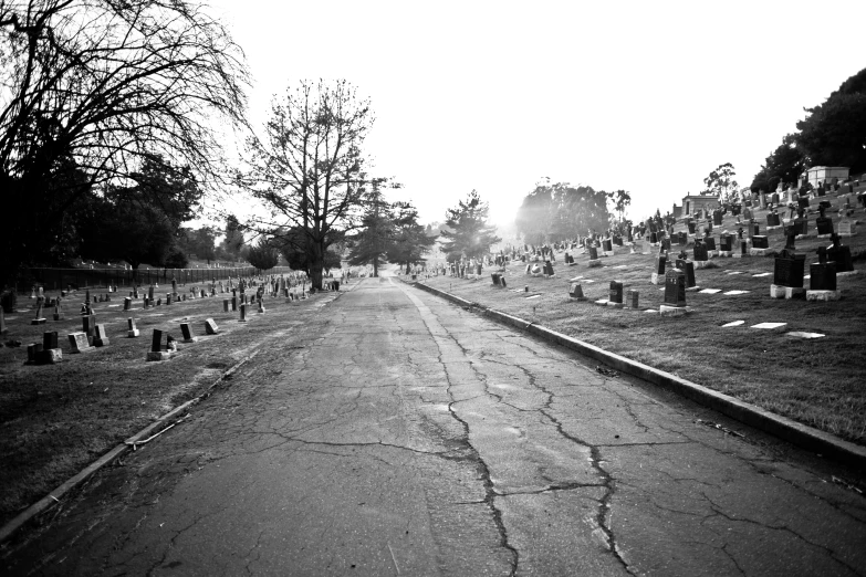 a road with many headstones on the sides