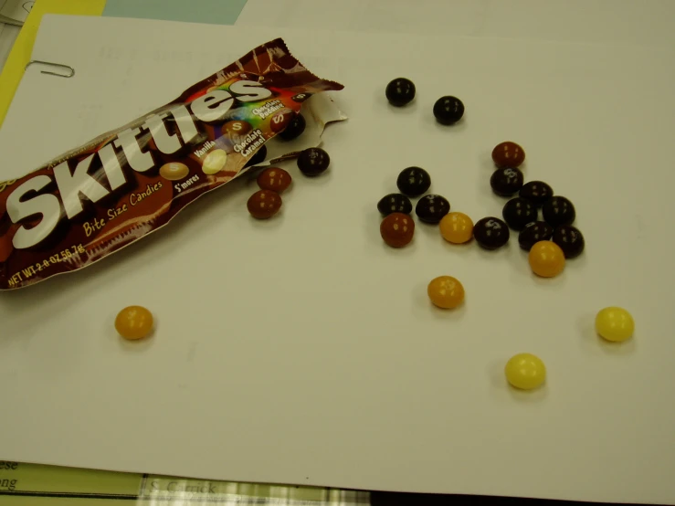 a bag of skittles is near a chocolate candy bar