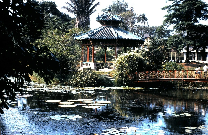 an elaborate gazebo over looking a pond with water lillies