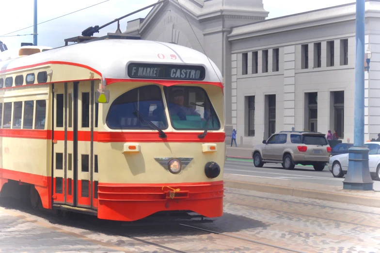 an electric trolley sits near a city street