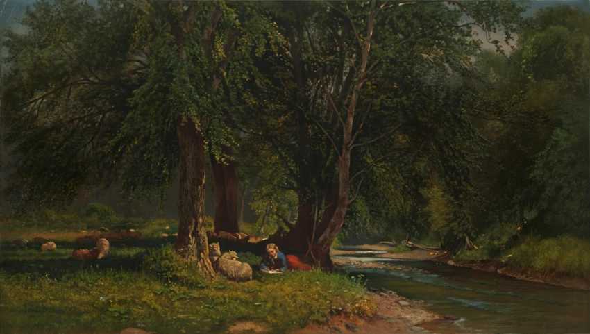 a painting of people sitting under the shade of a tree near a creek