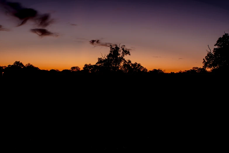 the sun sets over some trees in the distance