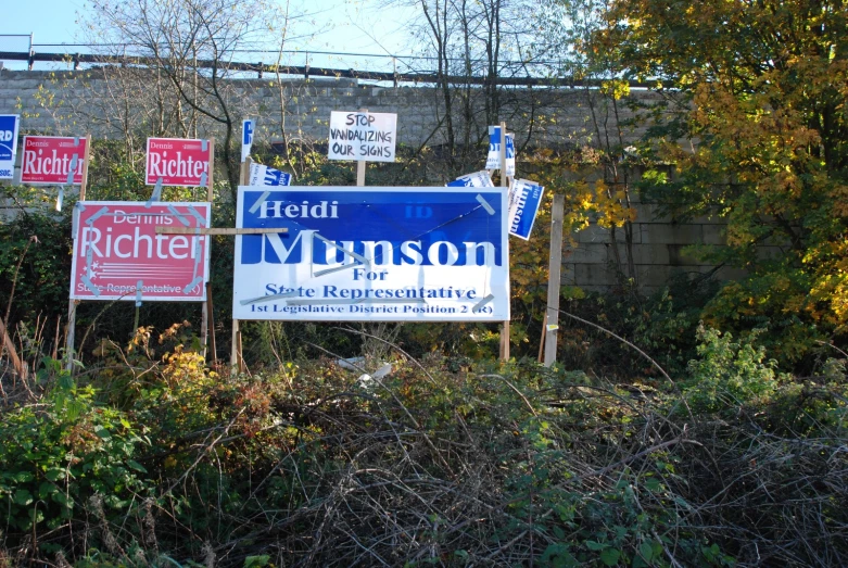 political signs are placed along a fence near trees