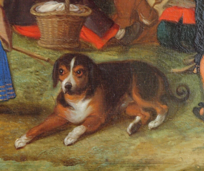 a painting of a dog with people in the background