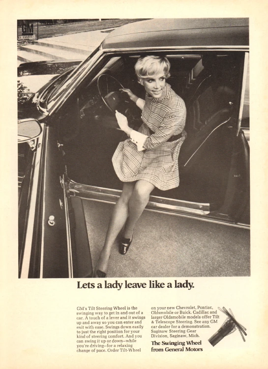 a black and white ad from the early'70s showing a woman leaning out the car window