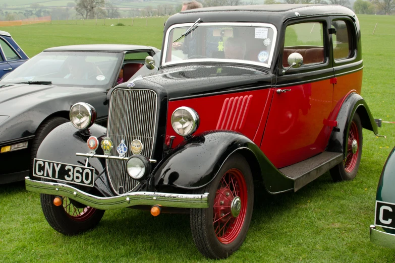 old cars are parked on the green grass