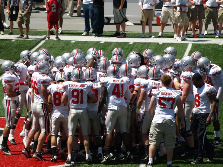 a football team that is huddled together on a field