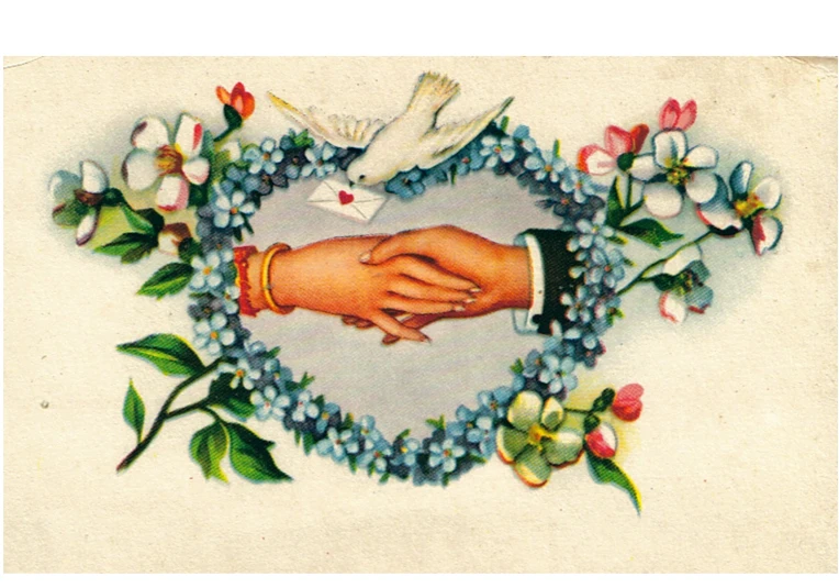 this painting has flowers, nches, birds and two hands in a heart