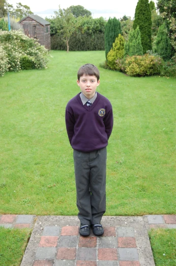 boy in a purple shirt and pants with dark shoes stands on a brick sidewalk in front of a garden