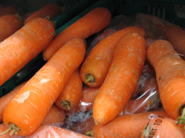 a pile of raw carrots is sitting in bags
