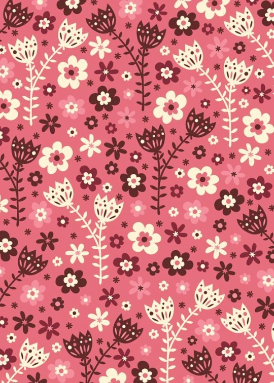 a pink wallpaper with flowers and dots