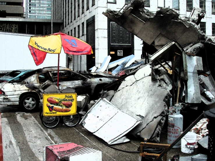 the damaged car is in front of the destroyed sign