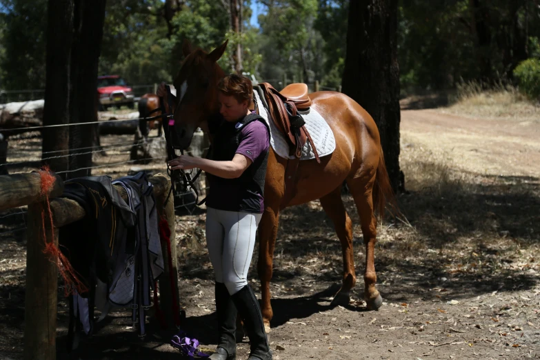 a girl in purple shirt standing next to horse