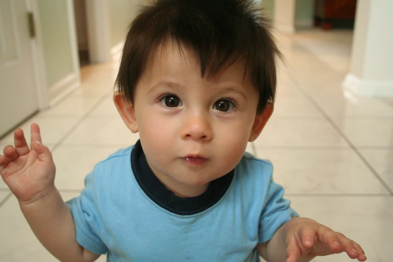 a small child with dark brown hair and brown eyes posing