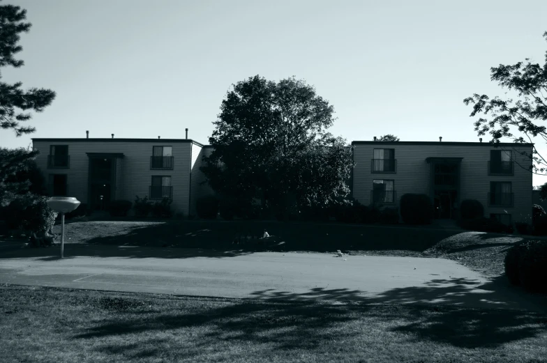 a few buildings with large trees surrounding them