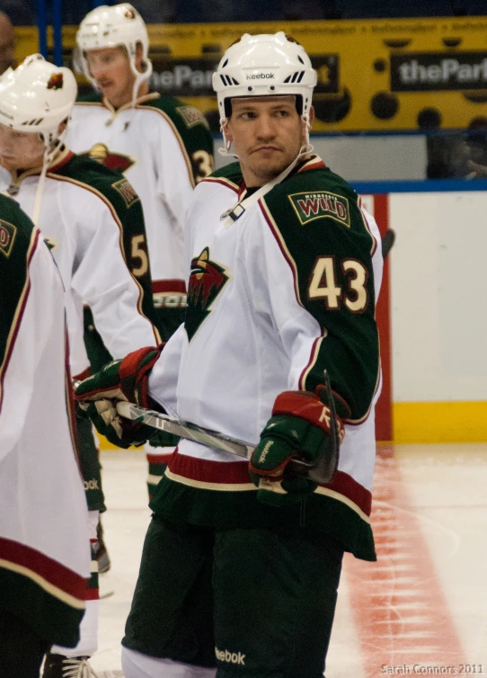 two hockey players with white helmets and green jackets