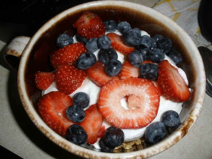 a bowl that has fruit on top of it