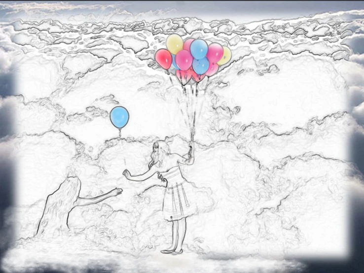 a woman standing in the clouds holding balloons