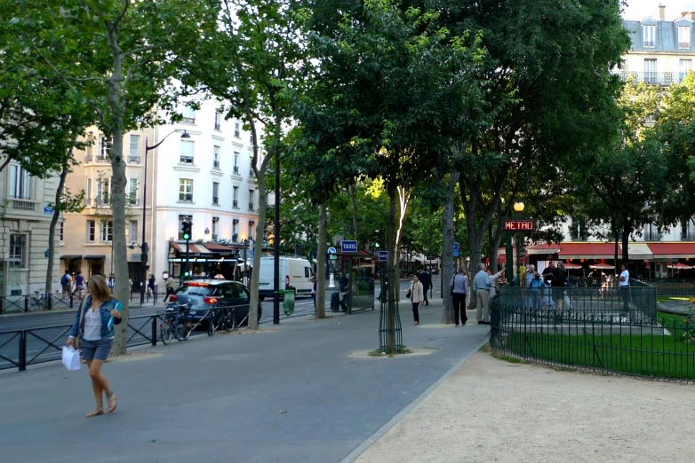 a bunch of people walking around some small trees