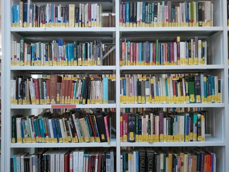 a liry filled with lots of books next to a white wall