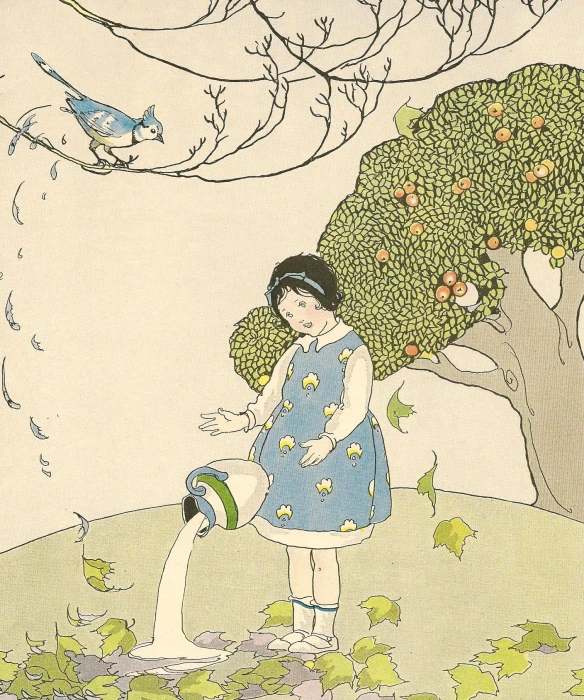 a girl watering flowers and an apple tree