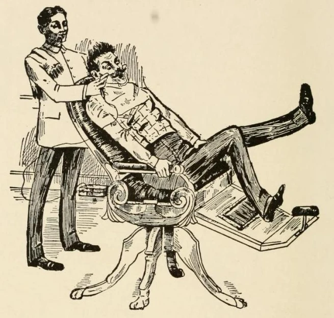 black and white illustration depicting man in office chair holding a paper with words written on it